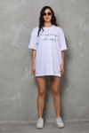 Unisex Bisiklet Yaka Baskılı Oversize T-shirt - Beyaz