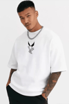 Unisex Bisiklet Yaka Baskılı Oversize T-shirt - Beyaz