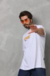Unisex Bisiklet Yaka Baskılı Oversize T-shirt - Beyaz