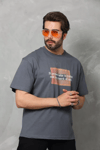 Unisex Bisiklet Yaka Baskılı Oversize T-shirt - Füme