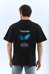Unisex Bisiklet Yaka Baskılı Oversize T-shirt - Siyah