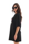 Unisex Bisiklet Yaka Baskılı Oversize T-shirt - Siyah