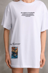 Unisex Bisiklet Yaka Baskılı Oversize T-shirt - Beyaz