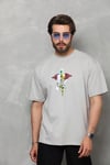 Unisex Bisiklet Yaka Baskılı Oversize T-shirt - Gri