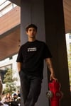 Unisex Bisiklet Yaka Baskılı Oversize T-shirt - Siyah