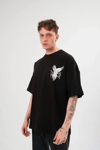 Unisex Bisiklet Yaka Baskılı Oversize T-shirt - Siyah