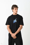 Unisex Bisiklet Yaka Baskılı Oversize T-shirt - Siyah