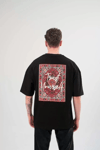 Unisex Bisiklet Yaka Baskılı Oversize T-shirt - Siyah