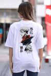 Unisex Bisiklet Yaka Baskılı Oversize T-shirt - Beyaz
