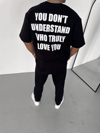 Unisex Bisiklet Yaka Baskılı Oversize T-shirt - Siyah