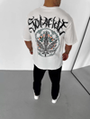 Unisex Bisiklet Yaka Baskılı Oversize T-shirt - Beyaz