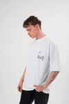 Unisex Bisiklet Yaka Baskılı Oversize T-shirt - Beyaz