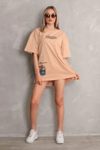 Unisex Bisiklet Yaka Baskılı Oversize T-shirt - Bej