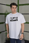 Unisex Bisiklet Yaka Baskılı Oversize T-shirt - Beyaz