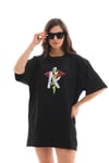 Unisex Bisiklet Yaka Baskılı Oversize T-shirt - Siyah