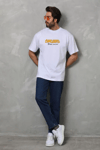 Unisex Bisiklet Yaka Baskılı Oversize T-shirt - Beyaz