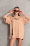 Unisex Bisiklet Yaka Baskılı Oversize T-shirt - Bej