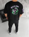 Unisex Bisiklet Yaka Baskılı Oversize T-shirt - Siyah