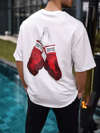 Unisex Bisiklet Yaka Baskılı Oversize T-shirt - Beyaz