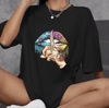 Unisex Bisiklet Yaka Baskılı Oversize T-shirt - Siyah