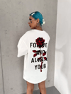 Unisex Bisiklet Yaka Baskılı Oversize T-shirt - Beyaz
