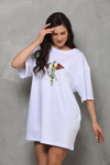 Unisex Bisiklet Yaka Baskılı Oversize T-shirt - Beyaz