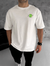 Unisex Bisiklet Yaka Baskılı Oversize T-shirt - Beyaz