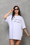 Unisex Bisiklet Yaka Baskılı Oversize T-shirt - Beyaz