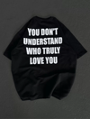 Unisex Bisiklet Yaka Baskılı Oversize T-shirt - Siyah