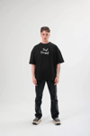 Unisex Bisiklet Yaka Baskılı Oversize T-shirt - Siyah