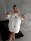 Unisex Bisiklet Yaka Baskılı Oversize T-shirt - Beyaz