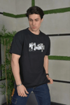 Unisex Bisiklet Yaka Baskılı Oversize T-shirt - Siyah