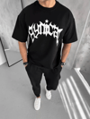 Unisex Bisiklet Yaka Baskılı Oversize T-shirt - Siyah