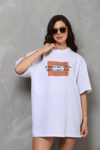 Unisex Bisiklet Yaka Baskılı Oversize T-shirt - Beyaz