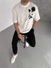 Unisex Bisiklet Yaka Baskılı Oversize T-shirt - Beyaz