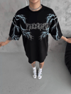 Unisex Bisiklet Yaka Baskılı Oversize T-shirt - Siyah