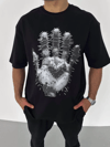 Unisex Bisiklet Yaka Baskılı Oversize T-shirt - Siyah