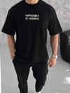Unisex Bisiklet Yaka Baskılı Oversize T-shirt - Siyah