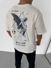 Unisex Bisiklet Yaka Baskılı Oversize T-shirt - Beyaz