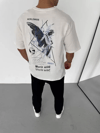 Unisex Bisiklet Yaka Baskılı Oversize T-shirt - Beyaz