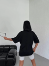 Unisex Bisiklet Yaka Baskılı Oversize T-shirt - Siyah
