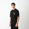 Unisex Bisiklet Yaka Baskılı Oversize T-shirt - Siyah