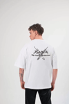Unisex Bisiklet Yaka Baskılı Oversize T-shirt - Beyaz