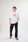 Unisex Bisiklet Yaka Baskılı Oversize T-shirt - Beyaz