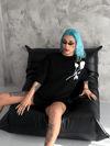 Unisex Bisiklet Yaka Baskılı Oversize T-shirt - Siyah