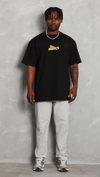 Unisex Bisiklet Yaka Baskılı Oversize T-shirt - Siyah
