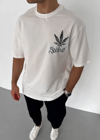 Unisex Bisiklet Yaka Baskılı Oversize T-shirt - Beyaz