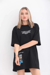 Unisex Bisiklet Yaka Baskılı Oversize T-shirt - Siyah
