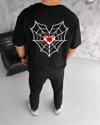 Unisex Bisiklet Yaka Baskılı Oversize T-shirt - Siyah