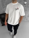 Unisex Bisiklet Yaka Baskılı Oversize T-shirt - Beyaz
